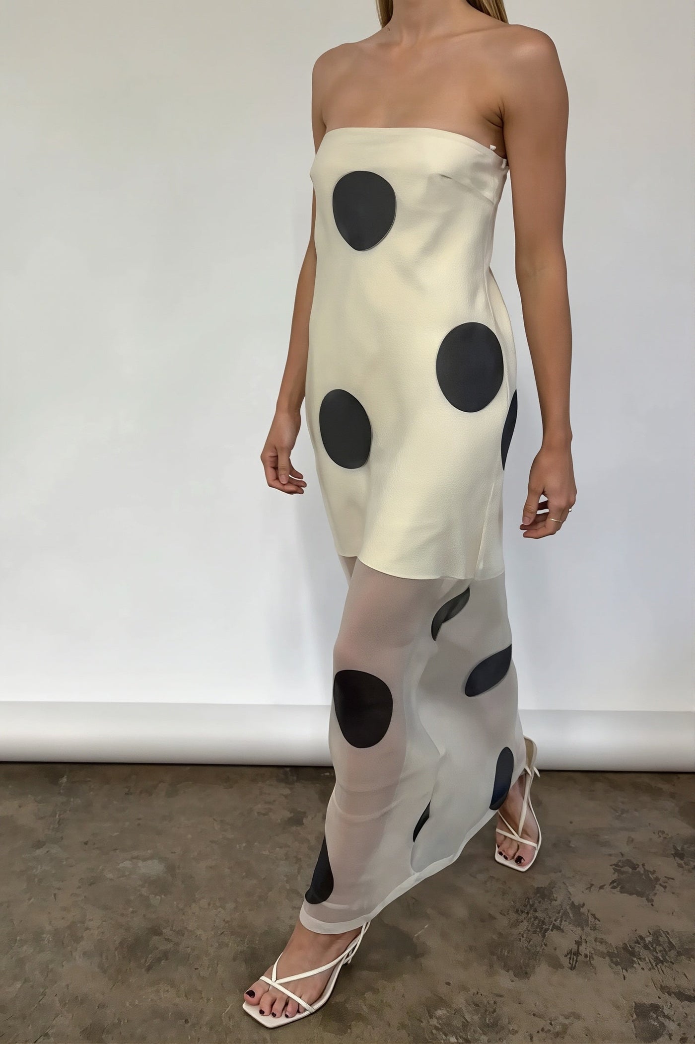 Elegant Polka Dot Strapless Sheer Slim Maxi Dress