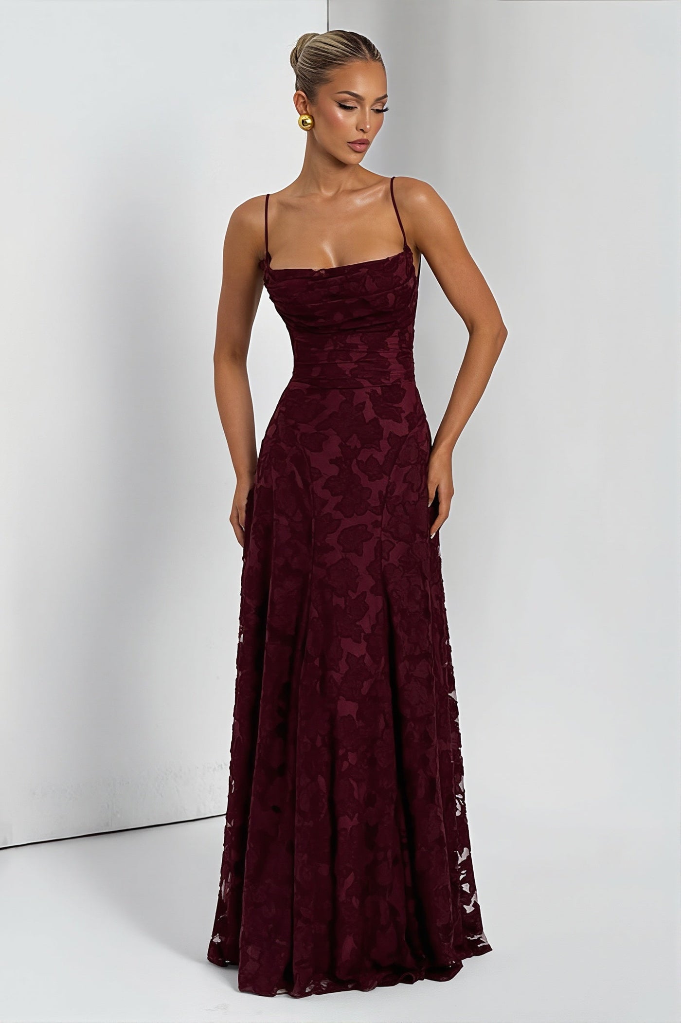 Chiffon Jacquard Backless Cami Maxi Dress