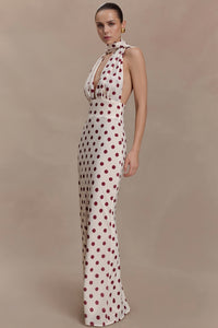 Polka Dot Deep V Tie Bodycon Maxi Dress
