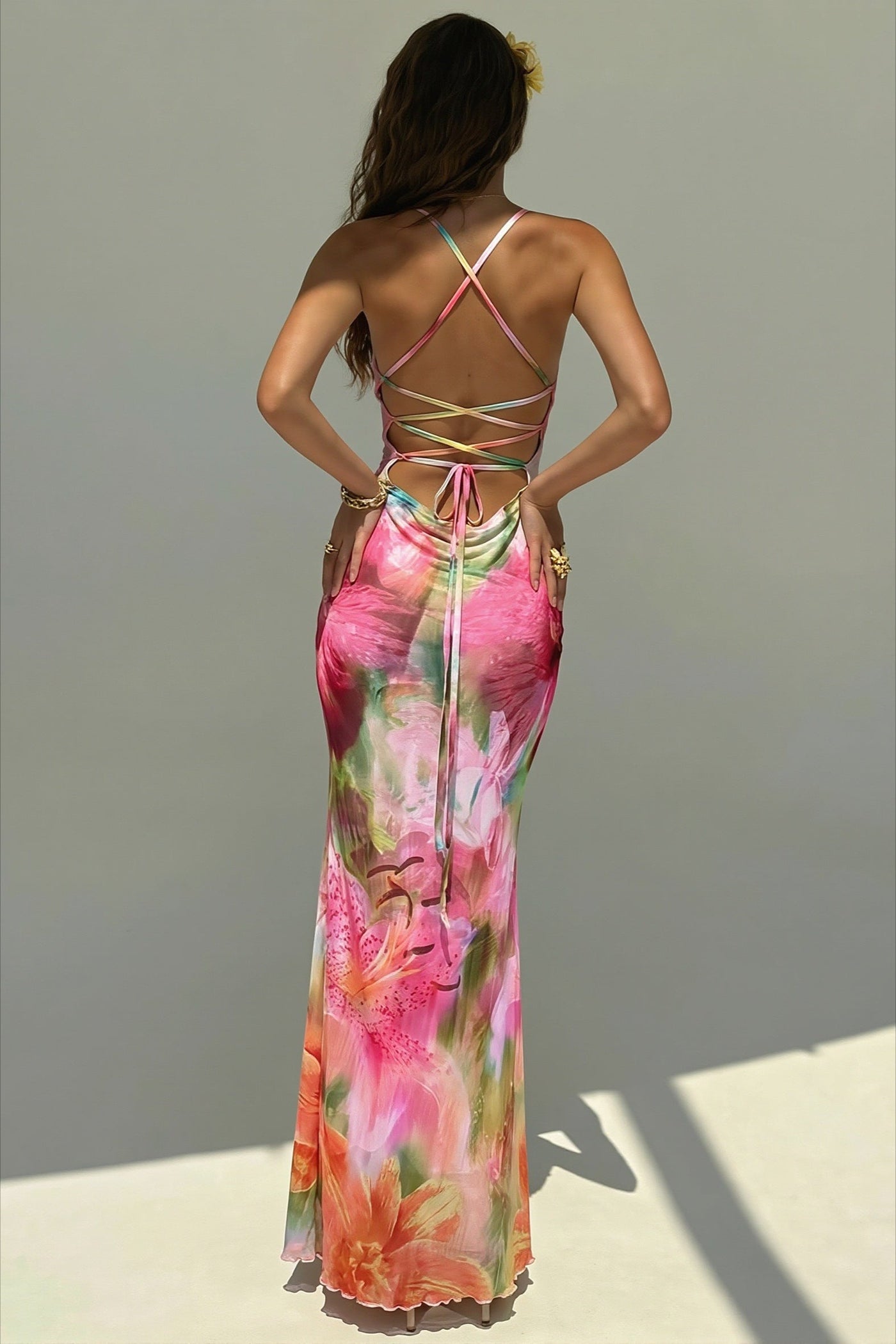 Floral Print Backless Mermaid Hem Cami Vacation Maxi Dress