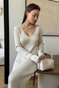 Solid Knit V-Neck Bodycon Maxi Dress