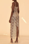 Solid Full Lace Cutout Split Cami Maxi Dress