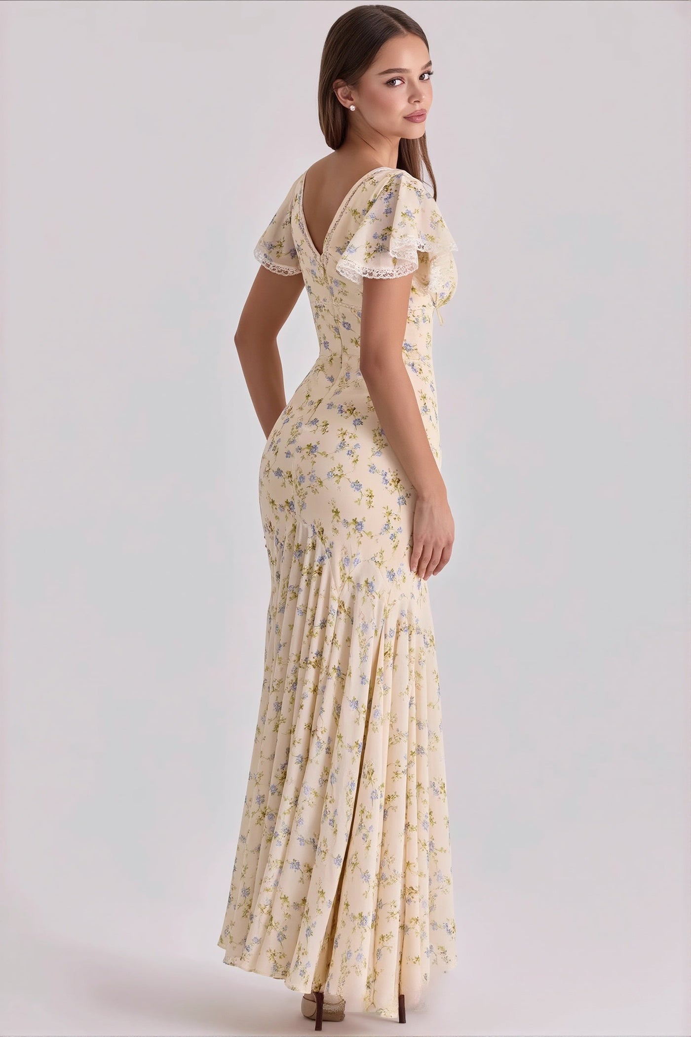 Floral Printed V-Neck Bodycon Maxi Dress