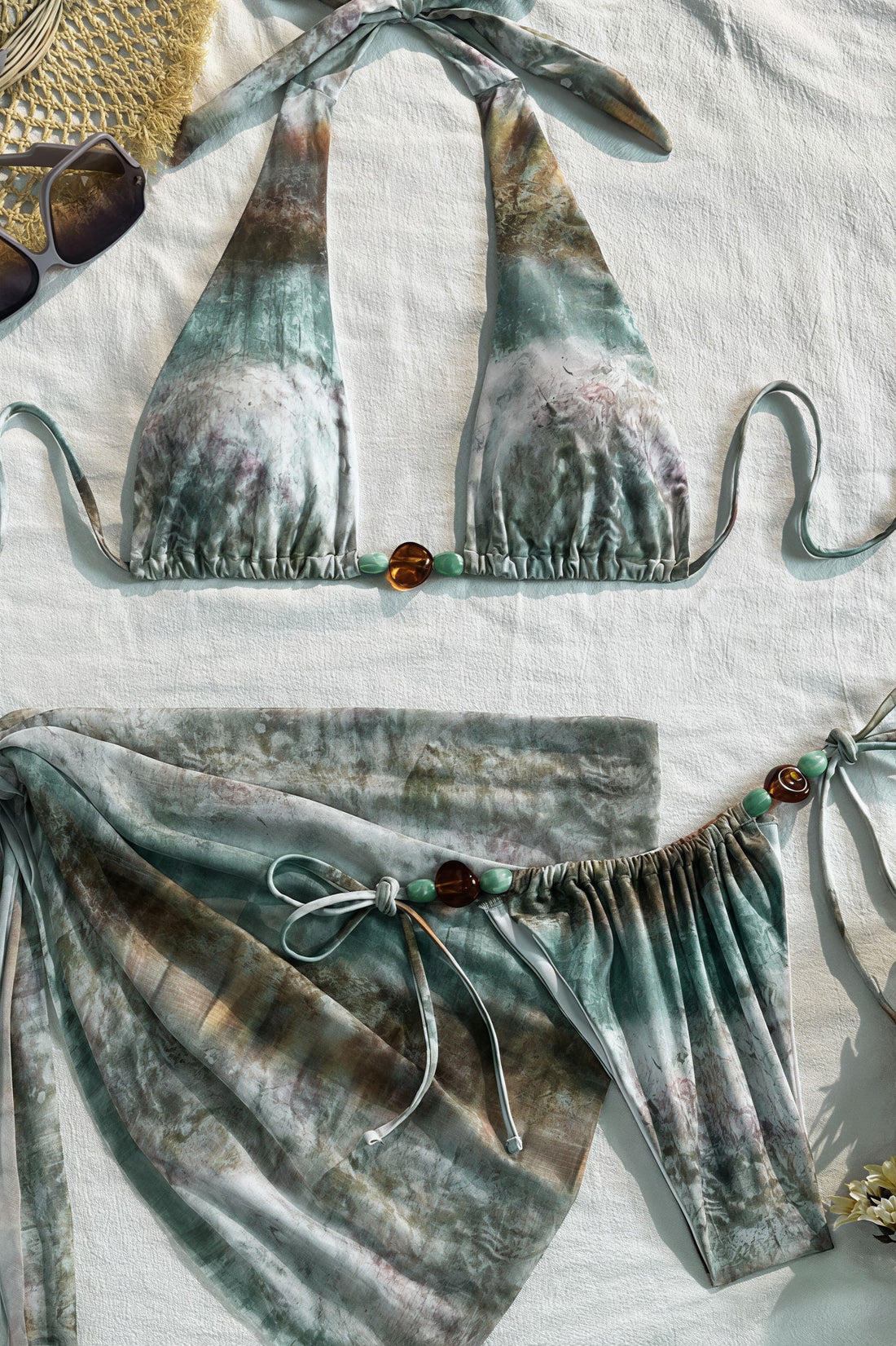 Tie-Dye Ombre Beaded Two-Piece Bikini with Three-Piece Swim Set