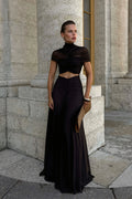 Elegant Chic Solid Mock Neck Cape Sleeve Ruched Maxi Dress