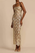 Solid Full Lace Cutout Split Cami Maxi Dress