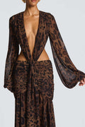 Leopard Mesh Hollow Deep V Sexy Maxi Dress