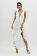 Satin V-Neck Cami Tiered Slim Maxi Dress