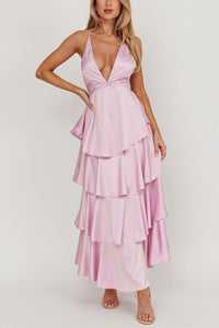 Satin V-Neck Cami Tiered Slim Maxi Dress