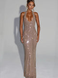 Sequin Deep V-Neck Bodycon Maxi Dress